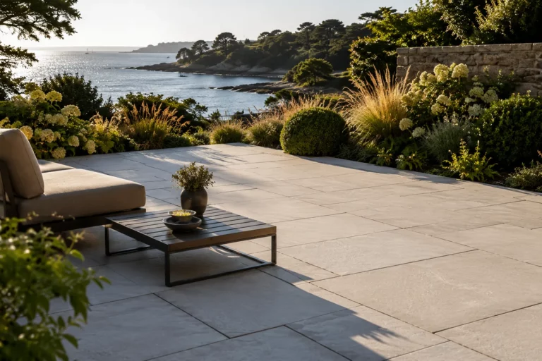 Terrasse avec dalle de pierre sur le Golfe du Morbihan