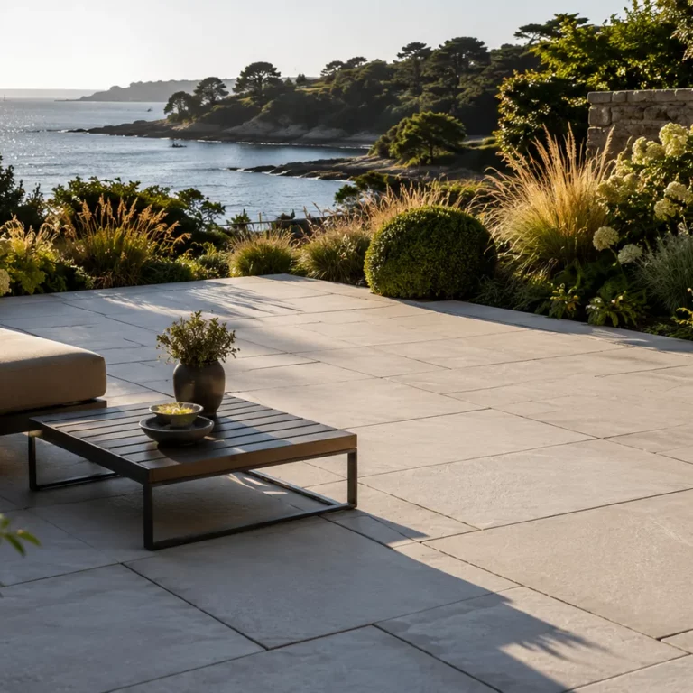 Terrasse avec dalle de pierre sur le Golfe du Morbihan
